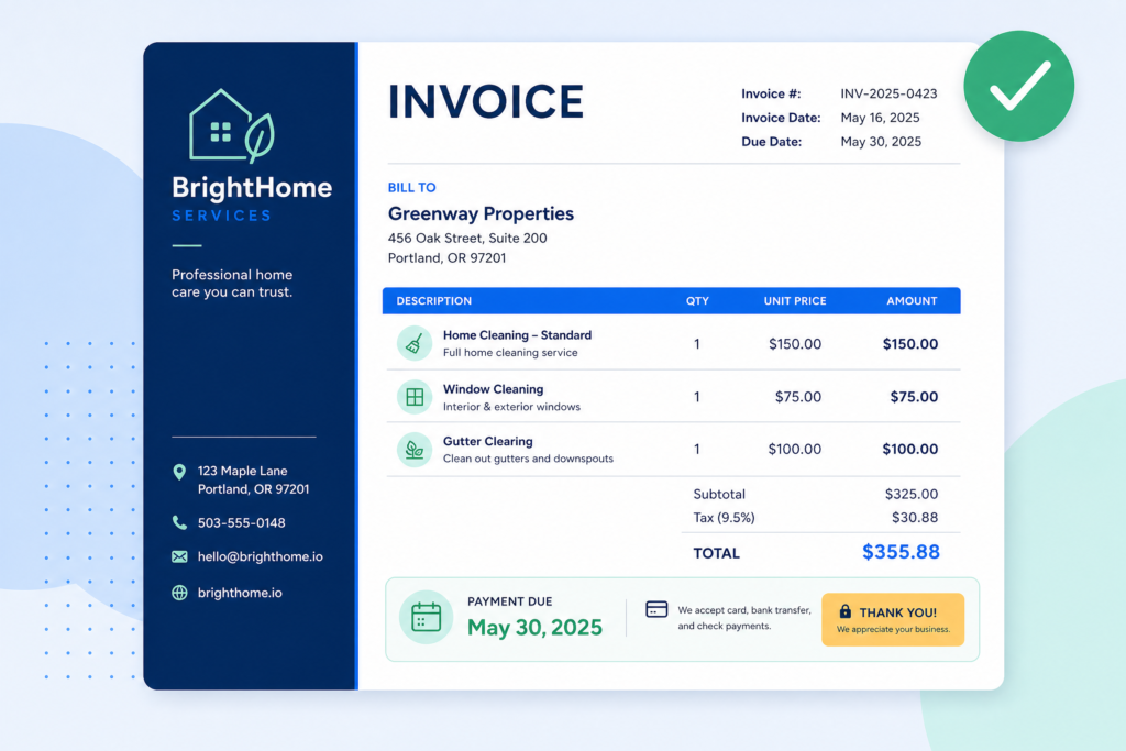 A sample service invoice with a business profile, three line items, tax, total, and payment-due section
