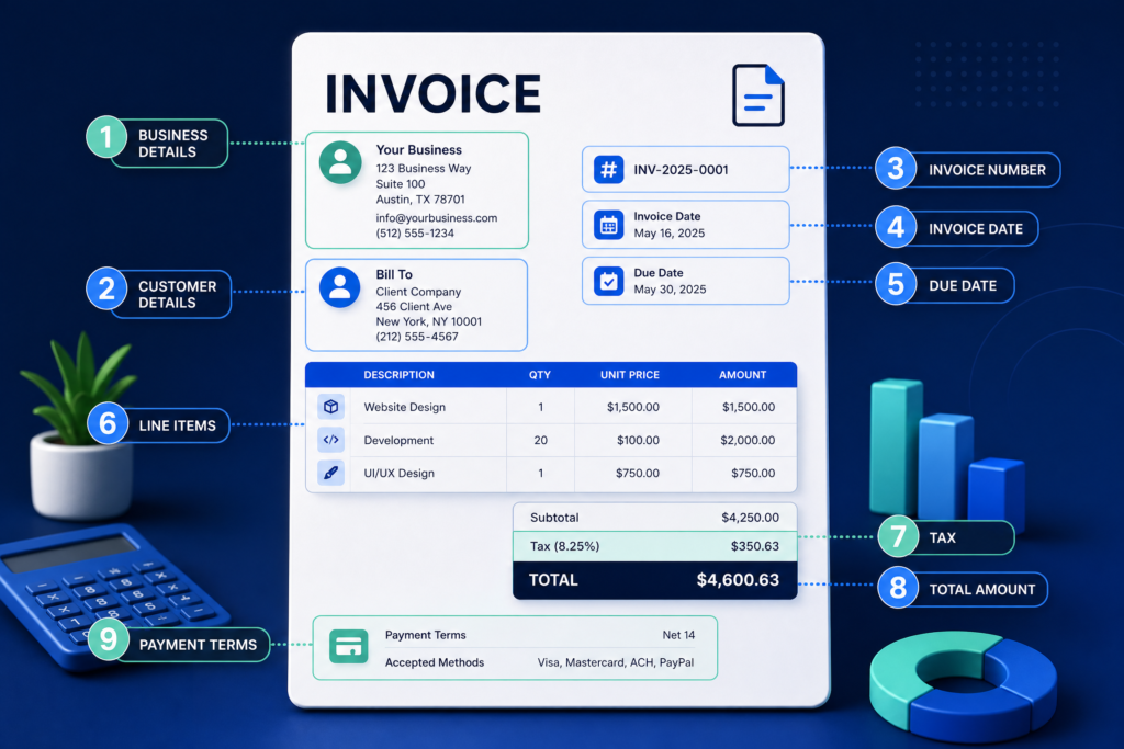 The essential parts of an invoice, including business details, customer details, invoice number, dates, line items, tax, total, and payment terms